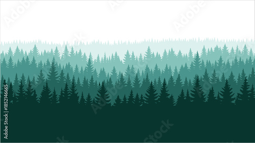 Seamless misty green conifer forest pattern on transparent.