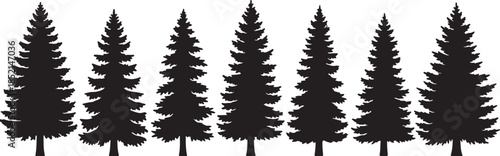 A row of seven stylized black pine trees with detailed branches and a white background creating a natural forest silhouette effect also transparent background