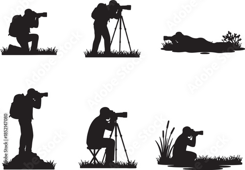 Collection of six black silhouette of photographers in various poses capturing with cameras and tripods in outdoor settings also transparent background