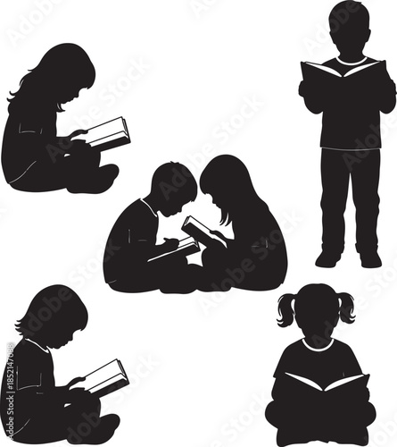 Diverse group of children silhouettes engaged in reading books in various poses and settings also transparent background