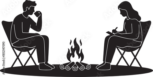 Couple enjoying a campfire at night, man drinking from a mug, woman writing in a notebook, cozy outdoor scene also transparent background