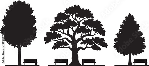 Diverse silhouettes of trees with park benches placed beneath their canopies on a white background nature also transparent background