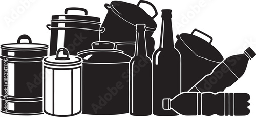 Collection of various black silhouette containers including bottles jars and cans against a white background also transparent background