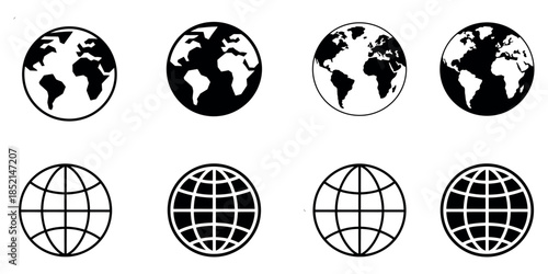 Set of modern globe icons in black and white vector.