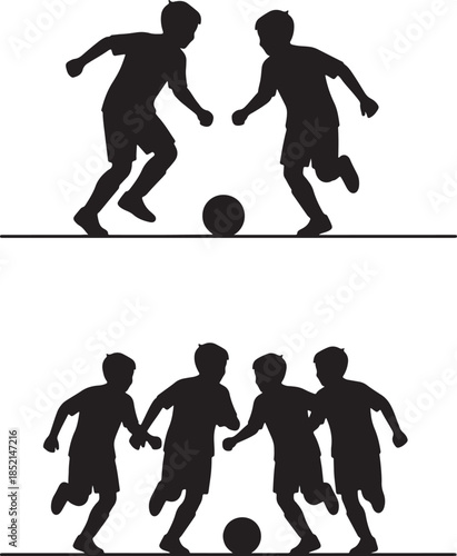 Two black silhouette scenes of young boys playing soccer with a ball illustrating teamwork sportsmanship and childhood recreation in a dynamic action pose also transparent background