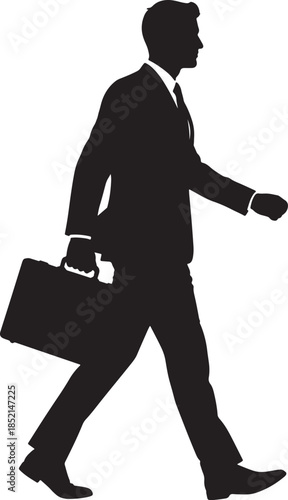 Silhouette of a businessman in a suit walking purposefully with a briefcase, conveying a sense of ambition, professionalism, and forward momentum in the corporate a also transparent background