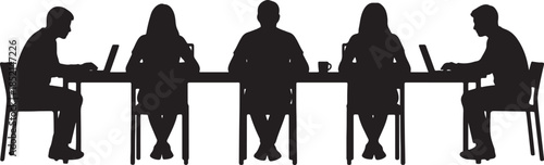 Silhouettes of five individuals seated around a long table, engaged in a meeting with laptops and a coffee cup, representing collaboration, teamwork, and modern business also transparent background