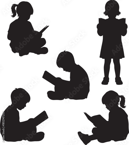 Group of five children silhouettes absorbed in reading books in various seated and standing positions also transparent background