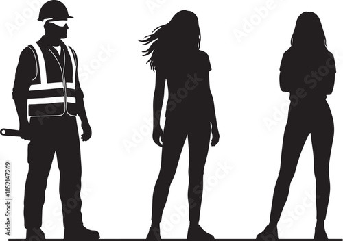 Silhouette of a construction worker with tools and two women standing together, representing diverse professions and teamwork also transparent background