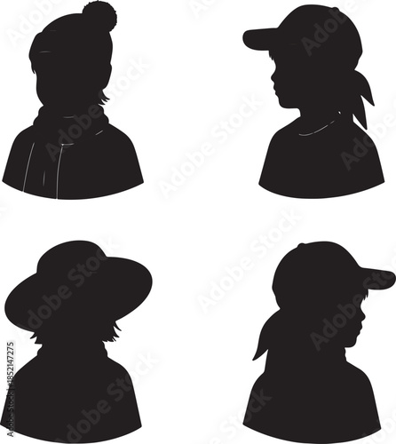 Four black silhouette portraits of children's heads wearing different headwear including a beanie, baseball cap, and wide-brimmed hat also transparent background