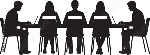 Silhouette of five people sitting around a long table working on laptops in a meeting or collaborative session also transparent background