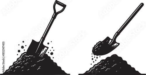 Two black silhouette shovels digging into piles of dark soil with loose dirt particles flying around them on a white background also transparent background