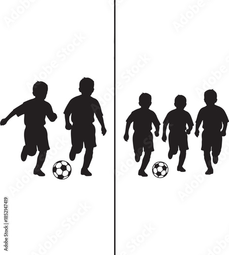 Two sets of black silhouettes of young boys playing soccer with a ball, depicting action and sportsmanship in a split format also transparent background