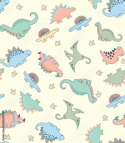 Cute doodle dinosaur. Cartoon illustration dinosaur family. Vector abstract seamless pattern with cute Dino in flat style. Background yellow 
