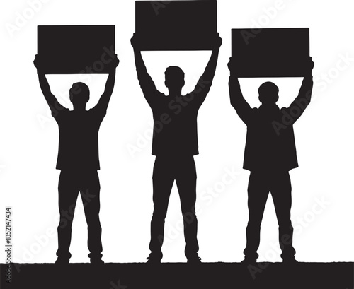 A group of three black silhouette figures standing side-by-side, each holding a blank rectangular sign above their heads, representing collective expression also transparent background