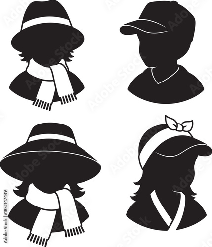 Four black silhouette of children's heads wearing hats and scarves, representing diverse styles and seasons for fashion or character also transparent background