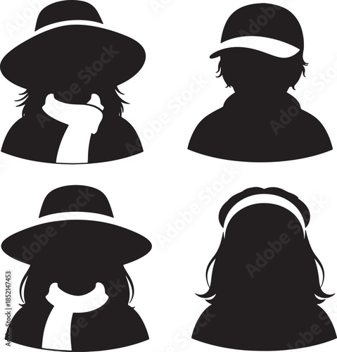 Four black silhouette portraits of individuals wearing hats and scarves or headbands, showcasing diverse headwear and hairstyles in a minimalist profile view also transparent background