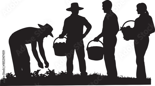 Silhouette of four people engaged in gardening, one bending to tend plants, others holding baskets of produce, representing agriculture and harvest also transparent background