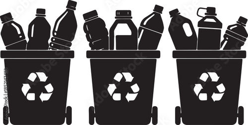 Collection of black silhouette representing various beverage containers including cans bottles and a jug also transparent background