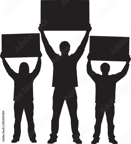 Three black silhouette figures standing and holding blank rectangular signs above their heads, symbolizing protest or demonstration with empty message boards also transparent background