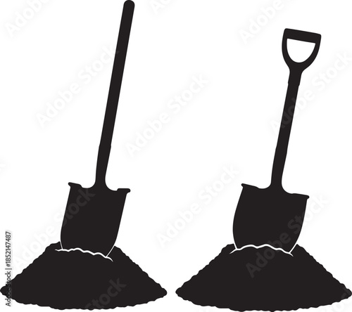 Two black silhouette shovels stuck upright in separate piles of dirt, representing gardening, construction, or digging tools in a stark representation also transparent background