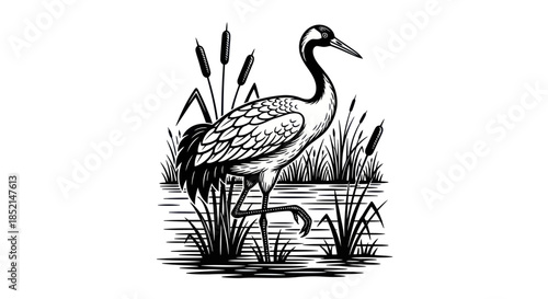 Elegant Crane Illustration: A Detailed Black and White Depiction.
