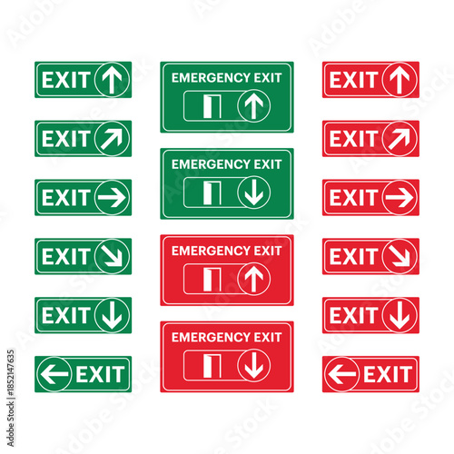 Emergency exit sign, Emergency fire exit, Emergency Exit sign board, Green and red emergency exit