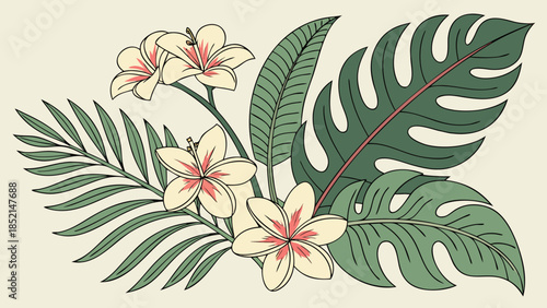 Tropical floral arrangement with exotic leaves and flowers