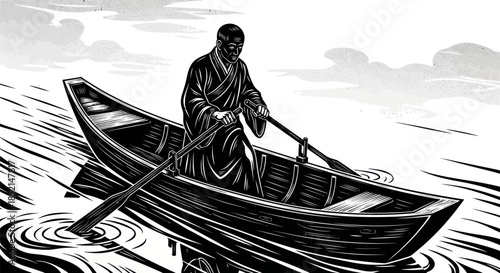 Man rowing a boat in a traditional Japanese style.