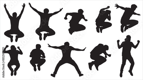 A set of black vector silhouettes capturing a man in motion—jumping, falling, or tumbling—cleanly isolated on white.