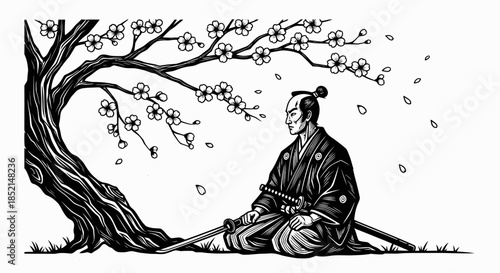 Contemplative Samurai Under Cherry Blossoms: A Moment of Serenity and Focus.