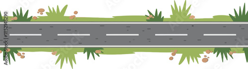 Gray asphalt road with green grass and brown flowers on beige background