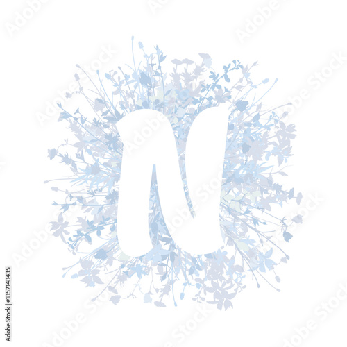 Easter, spring family floral monogram in pastel colors. White letter N on white background