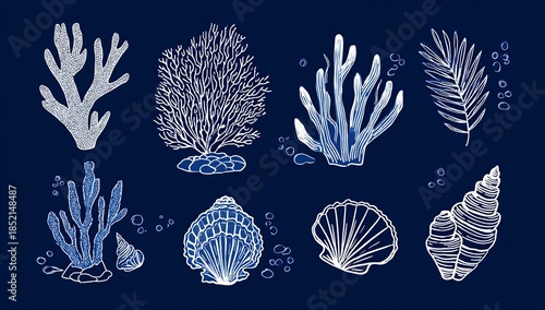 Blue and white line art coral and seashells on dark blue background marine life ocean