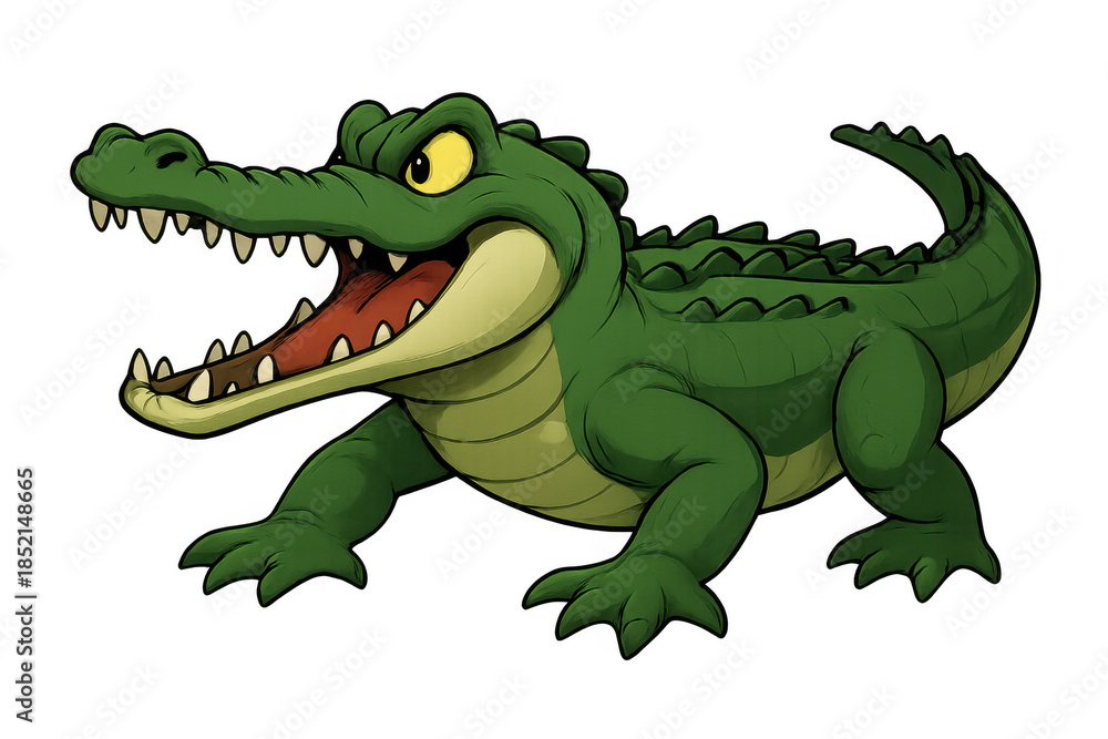 Obraz premium Green crocodile cartoon character showing fanged teeth and open jaws, a dangerous, angry reptile mascot with transparent background