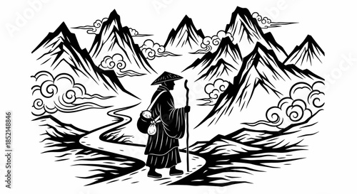 Monks Journey: A Solitary Figure on a Mountain Path.