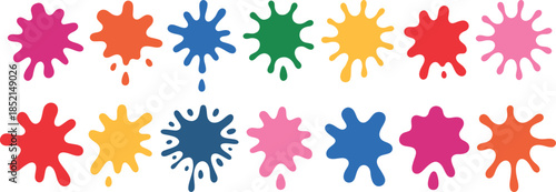 Red and yellow paint splashes forming a festive winter pattern with snowflake and star elements in a colorful vector design