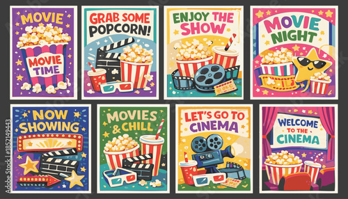 Colorful retro cinema posters vector set with popcorn, clapperboard, film reel, camera and fun typography. Perfect for movie night, cinema events, promotions and entertainment designs.