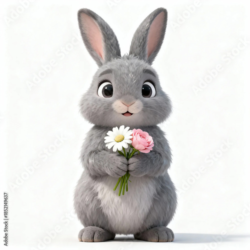 A cute rabbit holds flowers in his paws. artificial intelligence generator, AI, neural network image. background for the design