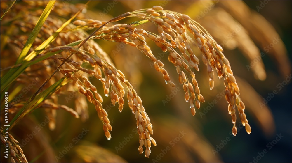 Obraz premium Close-Up View of Golden Rice Grains Hanging from Lush Green Stalks in a Cheerful Field During the Golden Hour Under Warm Sunlight