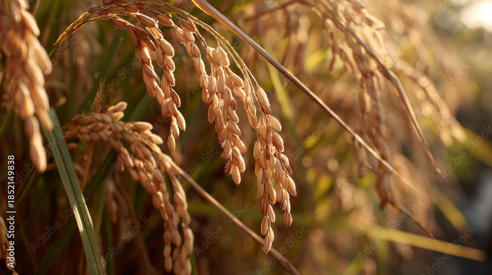 Obraz premium Close-up View of Golden Brown Rice Grain Ready for Harvest Amidst Lush Green Plant Life Under Sunset Glow in Agricultural Landscape