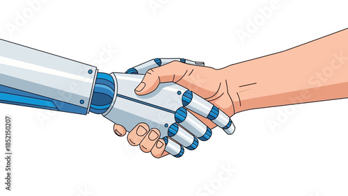 Illustrative handshake between human and robot, symbolizing future collaboration, technological integration, and human-AI partnership