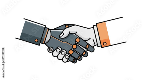 Illustrative handshake between a human and a robotic hand, symbolizing the powerful collaboration, technological integration, and future partnership of artificial intelligence and mankind