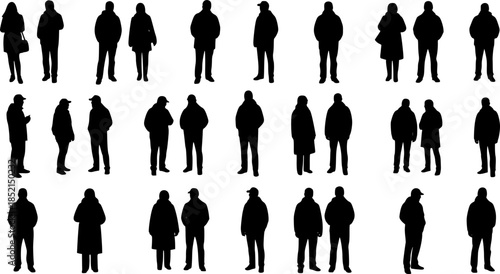 Vector silhouettes man and women, illustration. Silhouettes of people posing in warm winter clothes. Transparent background EPS version.