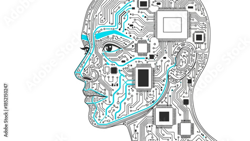 Visualizing the intricate connection between human intelligence and advanced technology, depicting a futuristic concept of an integrated digital mind within a circuit board profile