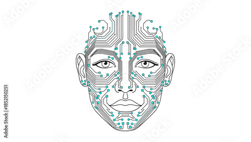 Abstract illustration of a human face composed of intricate circuitry, symbolizing artificial intelligence, biometric technology, and the future of digital identity integration