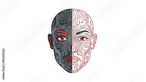 Digital mind concept Visual merging human features with electronic circuits, symbolizing artificial intelligence, advanced cybernetics, and human-machine evolution
