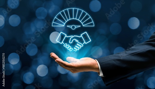 Business partnership handshake symbol with digital elements on a hand during a modern networking event in an urban setting