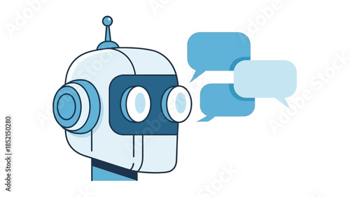 Vector illustration of an AI chatbot head with speech bubbles, symbolizing artificial intelligence communication, automated customer service, and virtual assistance