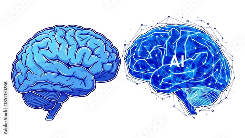 Conceptual illustration depicting the evolution from a biological human brain to a sophisticated artificial intelligence network, symbolizing technological advancement and the future of thought